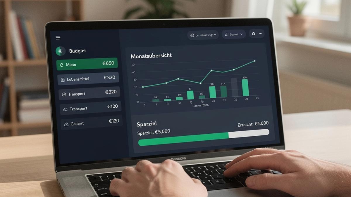 Dashboard-Ansicht eines Budget-Trainings mit Kategorien, Sparziel und Monatsübersicht