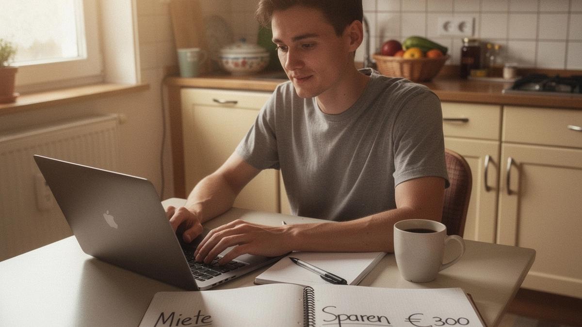 Person am Küchentisch mit Laptop und Notizbuch, erstellt einen Budgetplan